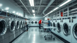 Commercial laundromat interior with rows of modern stainless steel washing machines and dryers, bright fluorescent lighting, clean polished concrete floors, folding tables, customers using machines, professional photography, well-maintained facility