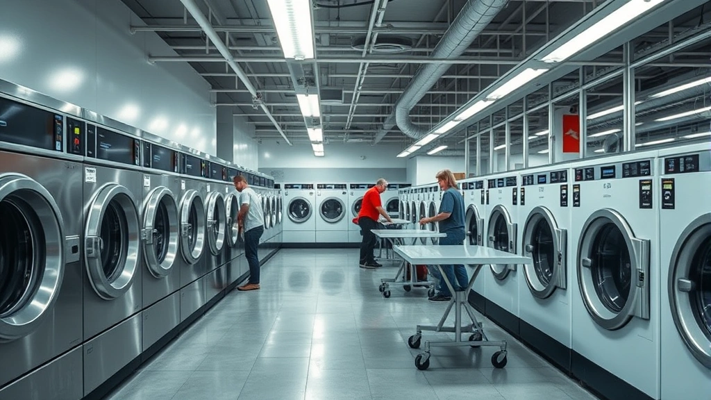 Commercial laundromat interior with rows of modern stainless steel washing machines and dryers, bright fluorescent lighting, clean polished concrete floors, folding tables, customers using machines, professional photography, well-maintained facility