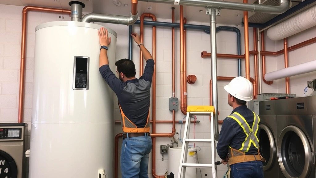 Construction worker installing large commercial water heater and plumbing infrastructure in laundromat space, copper pipes, industrial equipment, work in progress, professional trade photography, safety gear visible
