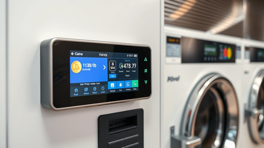 Modern laundromat payment system with digital display, coin and card payment interface, mobile payment capability, mounted on wall, sleek contemporary design, professional commercial equipment, close-up detail shot