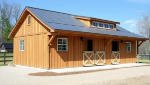 A wooden horse stable exterior with metal roofing, showing proper ventilation soffit vents and ridge venting, situated on a gravel pad with proper grading for drainage, photographed in daylight