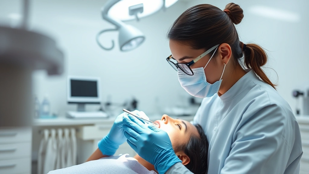 Professional dental extraction procedure in modern sterilized clinic, dentist using specialized instruments on patient in chair, bright overhead lights, blue surgical gloves, protective eyewear, clean white dental suite environment