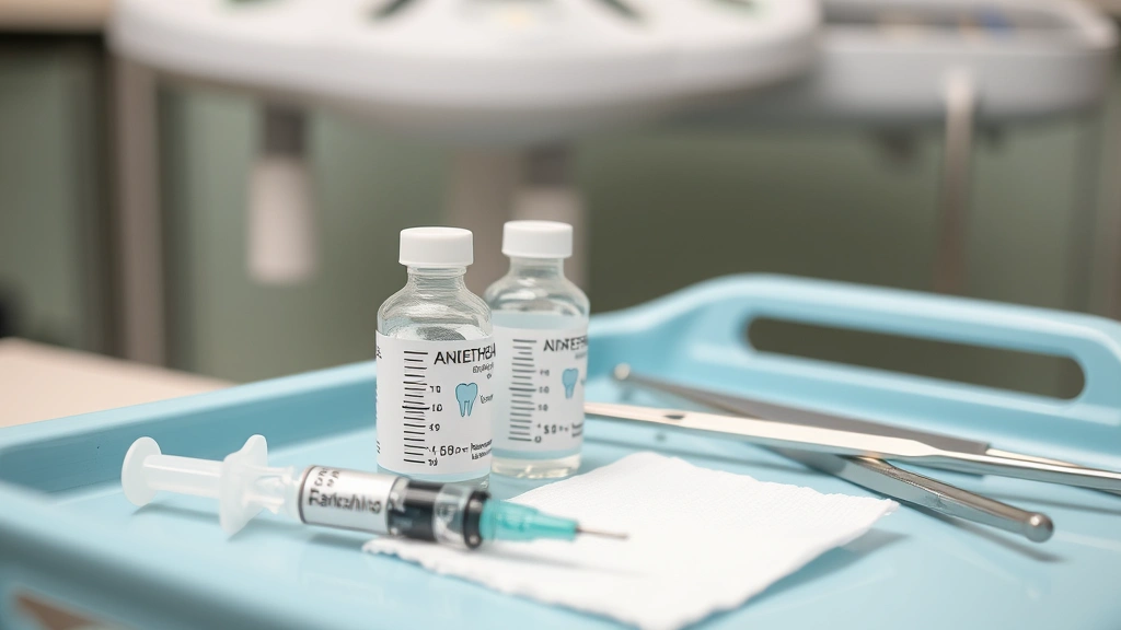 Close-up of dental anesthesia syringe and local numbing agent bottles arranged on sterile dental tray with cotton gauze, mirrors, and extraction forceps, clinical professional medical setting