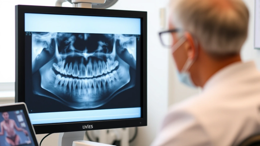 Dental X-ray imaging display showing tooth anatomy and positioning, dentist reviewing radiographic images on computer monitor in consultation room, professional healthcare environment