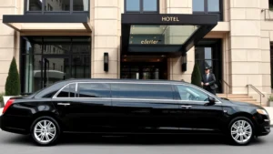 Professional black stretch limousine parked in front of upscale hotel entrance with valet attendant, daytime, clear weather, luxury setting