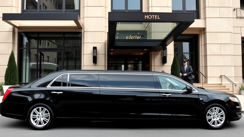 Professional black stretch limousine parked in front of upscale hotel entrance with valet attendant, daytime, clear weather, luxury setting