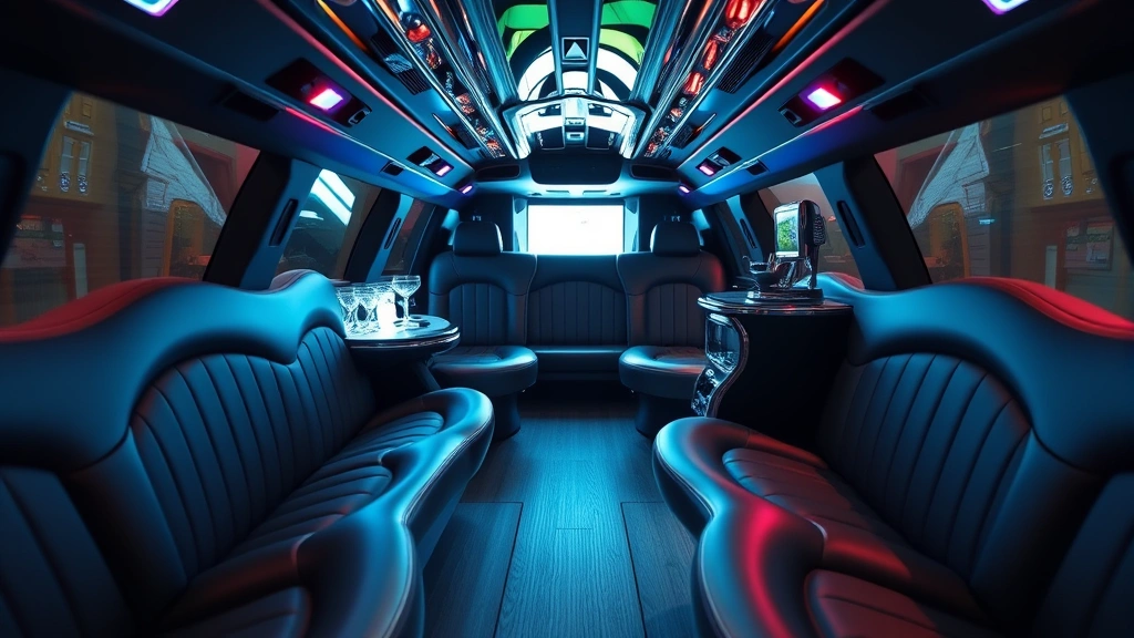 Limousine interior showing leather seating, premium bar setup, and ambient lighting, close-up of passenger cabin amenities