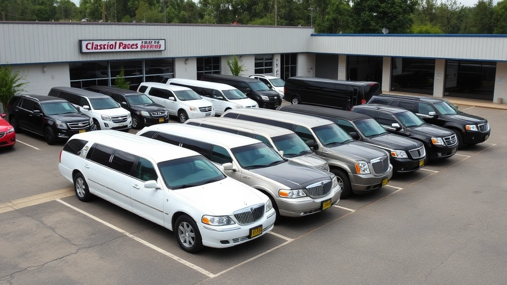 Fleet of various limousines lined up at rental company lot including sedans, stretch limos, and party buses, professional outdoor setting
