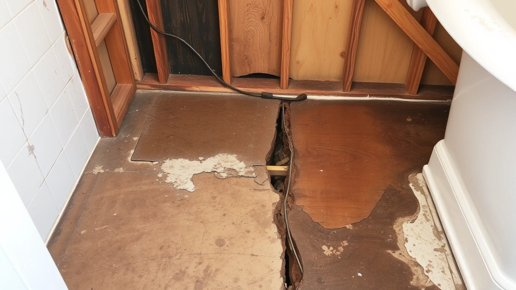 Damaged subfloor and water-stained wooden framing exposed after old bathtub removal, showing structural damage requiring repair