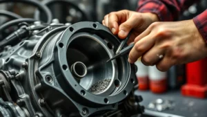 Close-up of engine cylinder head with gasket surface preparation, mechanic's hands holding precision tools, metal shavings visible on workbench, professional automotive workshop setting with bright lighting