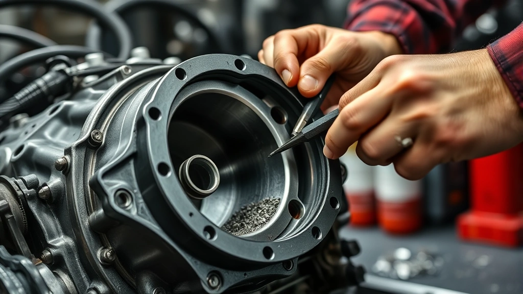 Close-up of engine cylinder head with gasket surface preparation, mechanic's hands holding precision tools, metal shavings visible on workbench, professional automotive workshop setting with bright lighting