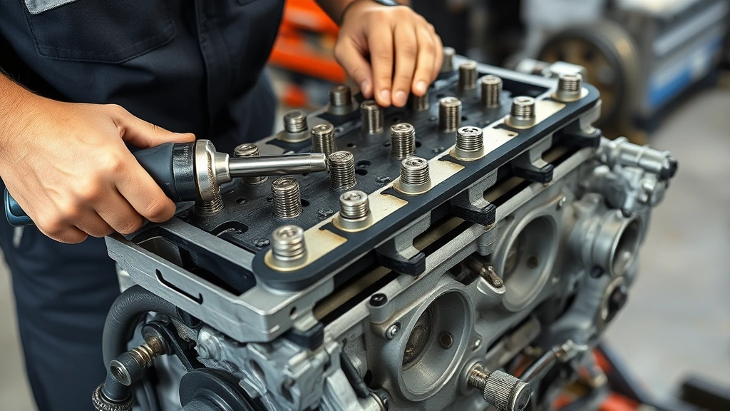 Mechanic removing cylinder head bolts from engine block using torque wrench, engine partially disassembled showing internal components, detailed view of gasket sealing surfaces, workshop environment