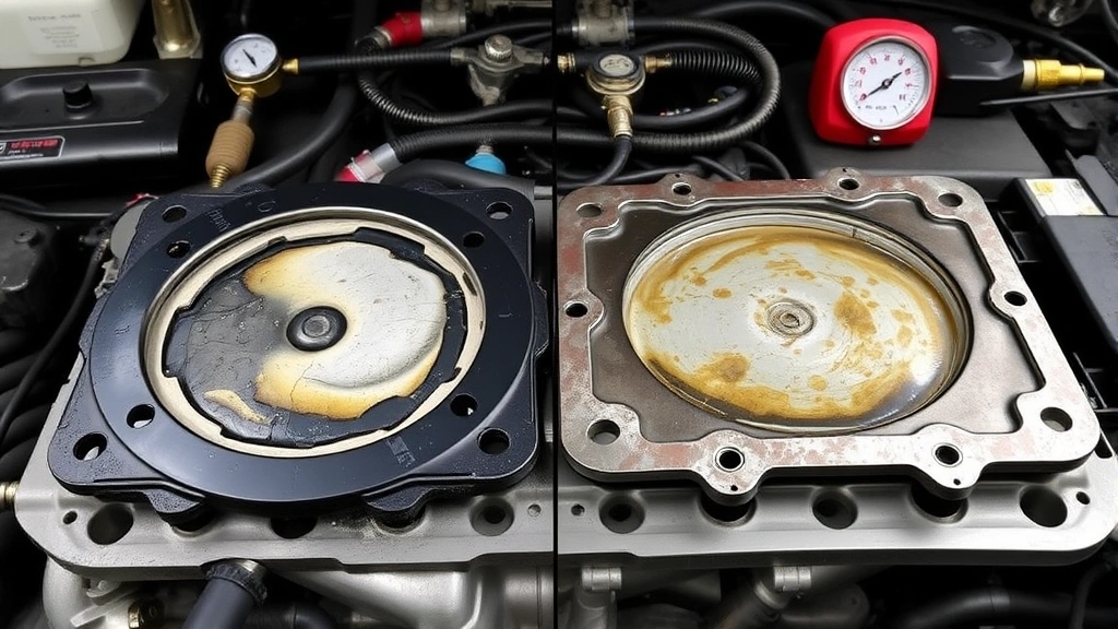 Damaged head gasket comparison showing failed gasket material next to new replacement gasket, coolant contamination evidence visible, parts laid out for inspection, automotive diagnostic setup with pressure testing equipment visible