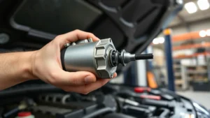 Professional mechanic replacing starter motor in vehicle engine bay, close-up of hands holding starter component with tools visible, workshop setting with bright overhead lighting