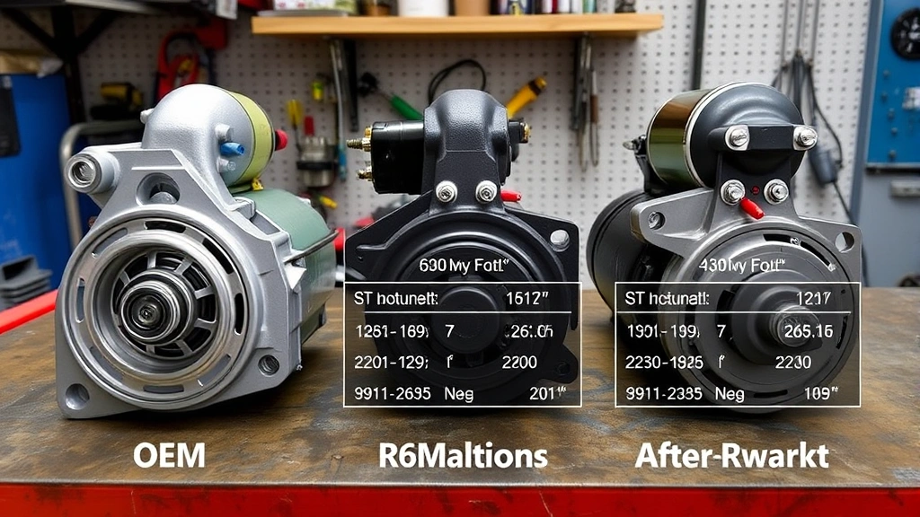 Comparison display of three different starter motors side by side on workbench, showing OEM and aftermarket variations in different sizes and specifications