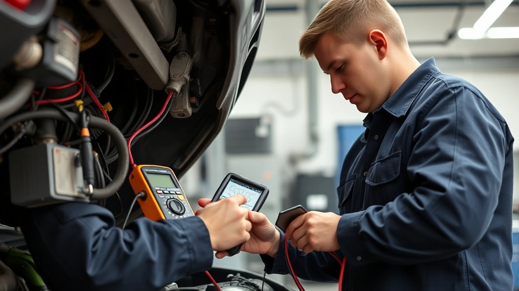 Mechanic performing diagnostic testing on vehicle electrical system using multimeter and equipment, demonstrating starter failure diagnosis in professional shop environment