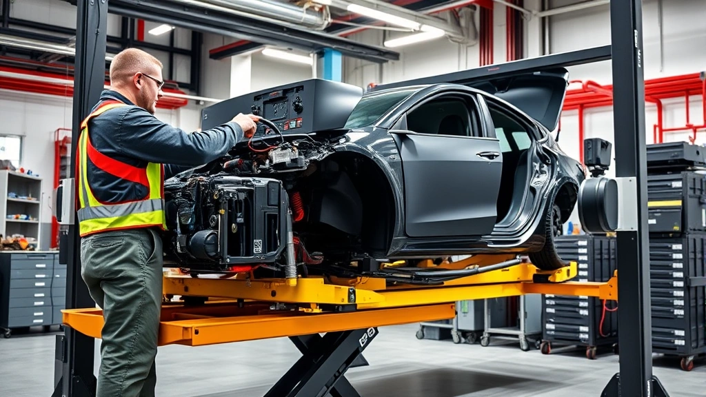 Professional Tesla technician in service center removing high-voltage battery pack from Model 3 chassis on hydraulic lift, wearing safety equipment, battery management system visible, clean industrial workshop environment with proper electrical safety protocols displayed