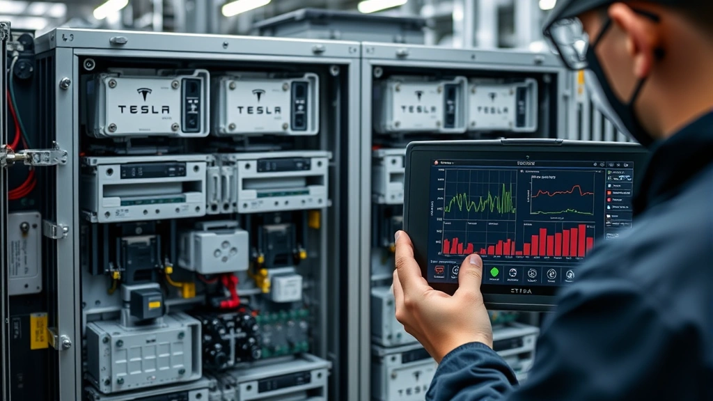 Close-up of Tesla battery pack cells showing internal structure and thermal management components, technician holding diagnostic equipment displaying battery health metrics on screen, manufacturing facility lighting, detailed view of power connections and safety systems