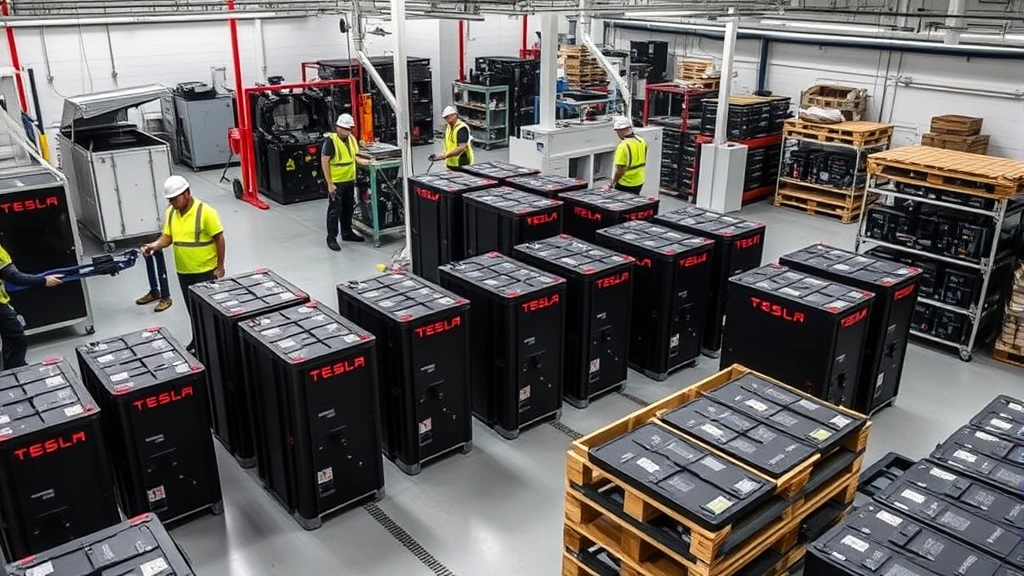Tesla battery recycling facility with multiple battery packs in various stages of processing, workers in safety gear handling battery components, testing equipment and diagnostic stations visible, organized storage of reconditioned battery modules, environmental sustainability focus