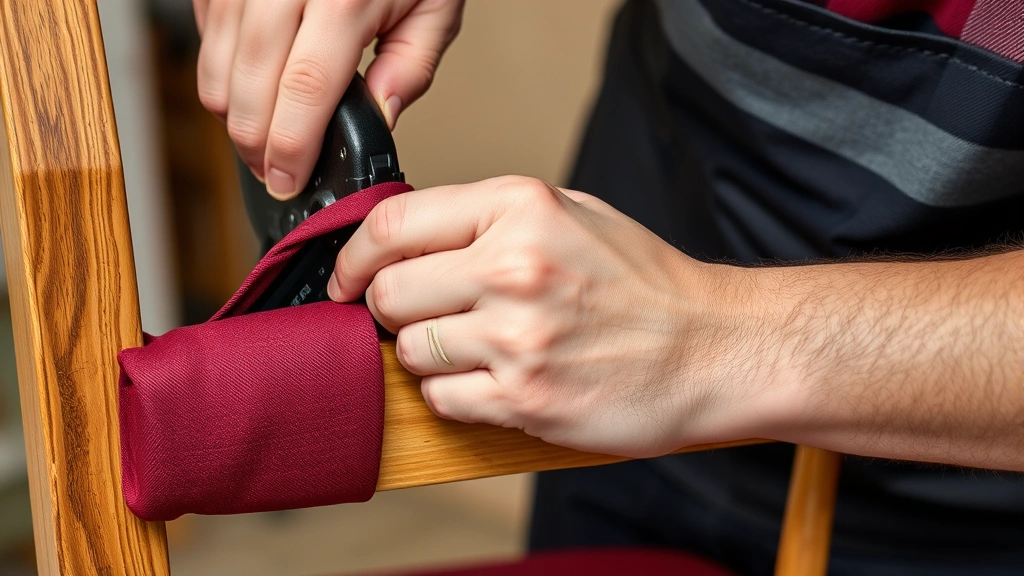 Close-up of upholsterer's hands carefully pulling and stapling rich burgundy fabric onto wooden chair frame, showing proper tension technique with professional staple gun