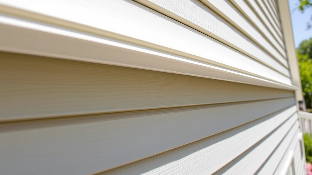 Close-up of vinyl siding installation on home exterior showing overlapping panels, professional fastening, and clean lines, bright daylight, residential neighborhood background