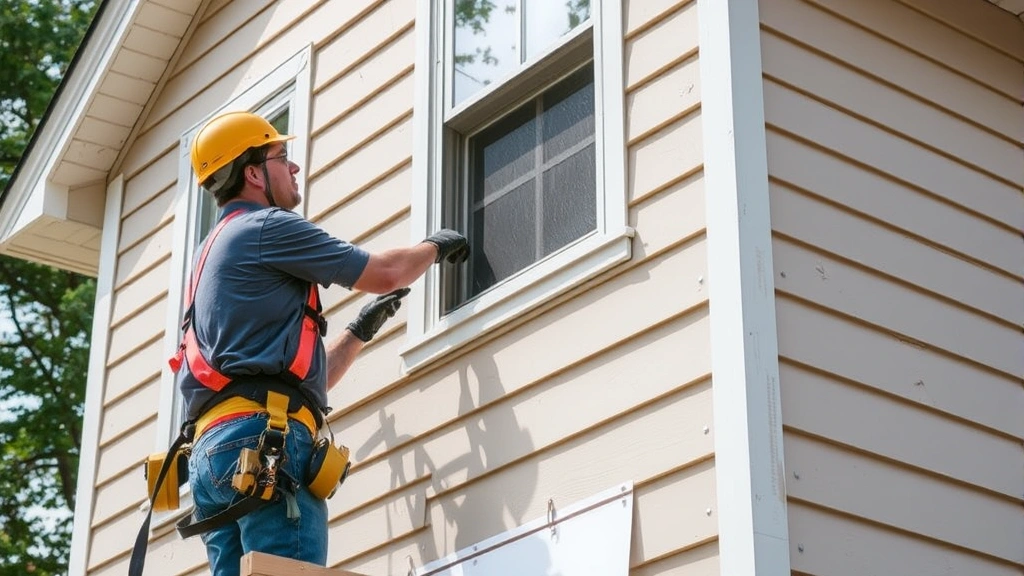 Worker installing fiber cement board siding on two-story home using proper safety equipment, scaffolding visible, demonstrates cutting and fitting techniques, professional worksite