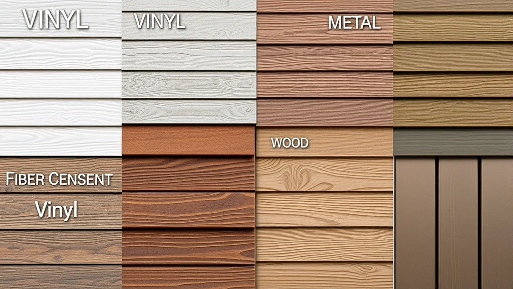 Various siding material samples displayed side-by-side including vinyl, fiber cement, wood, and metal options showing color and texture differences, professional product photography