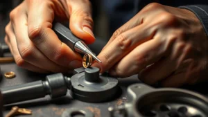 Close-up of jeweler's hands carefully cutting a gold ring with specialized precision tools on a jeweler's workbench, showing meticulous craftsmanship and professional equipment
