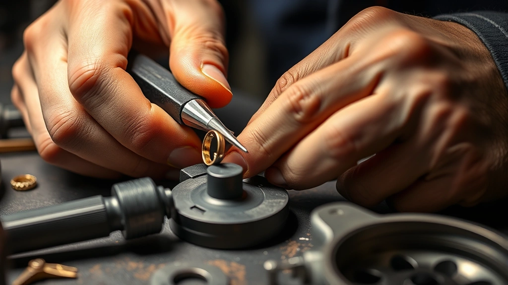 Close-up of jeweler's hands carefully cutting a gold ring with specialized precision tools on a jeweler's workbench, showing meticulous craftsmanship and professional equipment