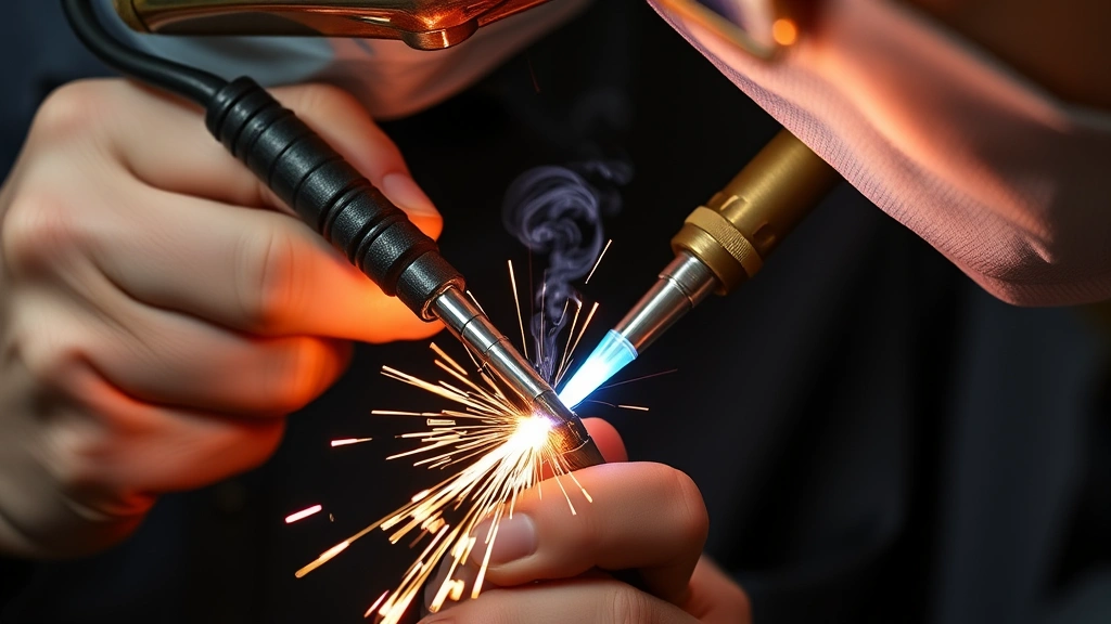 Skilled jeweler soldering a resized ring back together using a torch, with sparks visible and protective equipment visible, demonstrating the precision heating process