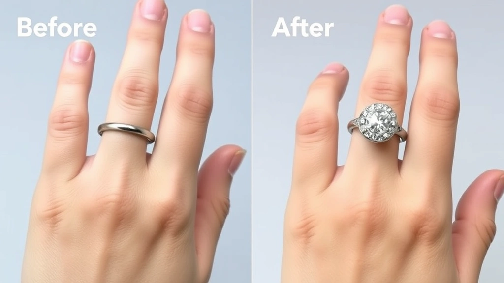 Before and after comparison of ring resizing work showing a loose-fitting ring and a perfectly fitted ring on a finger, highlighting quality professional restoration
