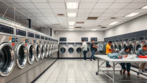 Professional commercial laundromat interior with rows of stainless steel front-load washing machines, bright fluorescent lighting, clean tiled floors, and customers folding clothes at large folding tables, modern and well-maintained facility
