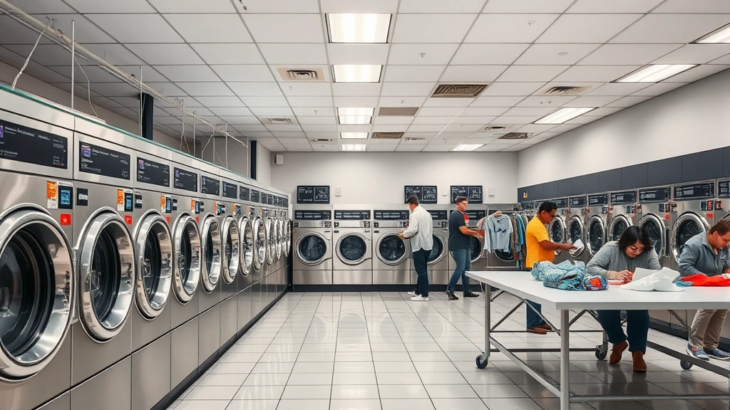 Professional commercial laundromat interior with rows of stainless steel front-load washing machines, bright fluorescent lighting, clean tiled floors, and customers folding clothes at large folding tables, modern and well-maintained facility