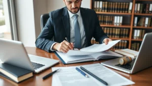 Professional attorney in business suit reviewing legal documents and contracts at wooden desk with law books and laptop, modern law office setting