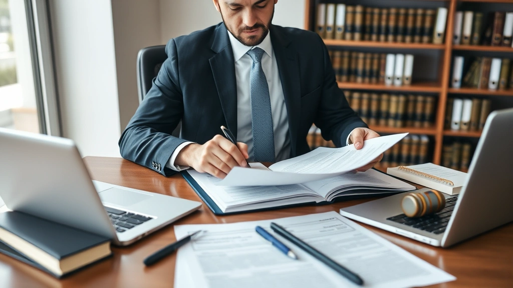 Professional attorney in business suit reviewing legal documents and contracts at wooden desk with law books and laptop, modern law office setting