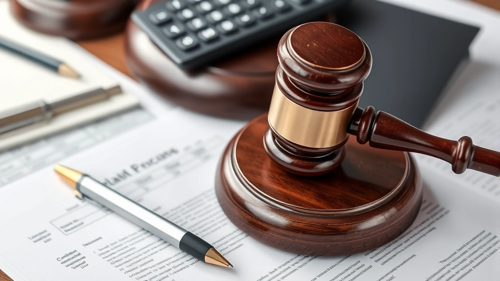 Gavel resting on court documents and legal papers with calculator and pen, representing litigation costs and judicial proceedings