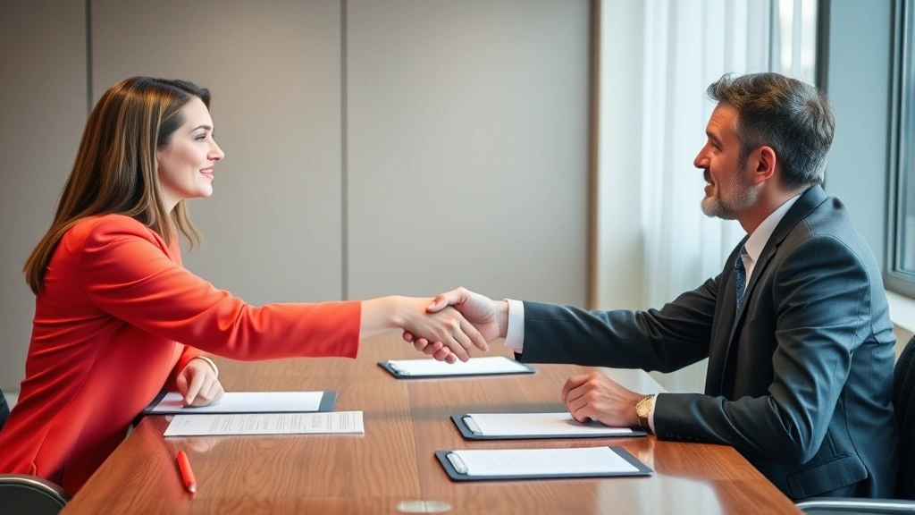 Mediator facilitating discussion between two people at conference table with handshake, representing alternative dispute resolution and settlement