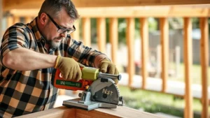 Professional carpenter measuring and cutting pressure-treated lumber for deck framing, wearing safety glasses and work gloves, sawdust visible in bright outdoor lighting