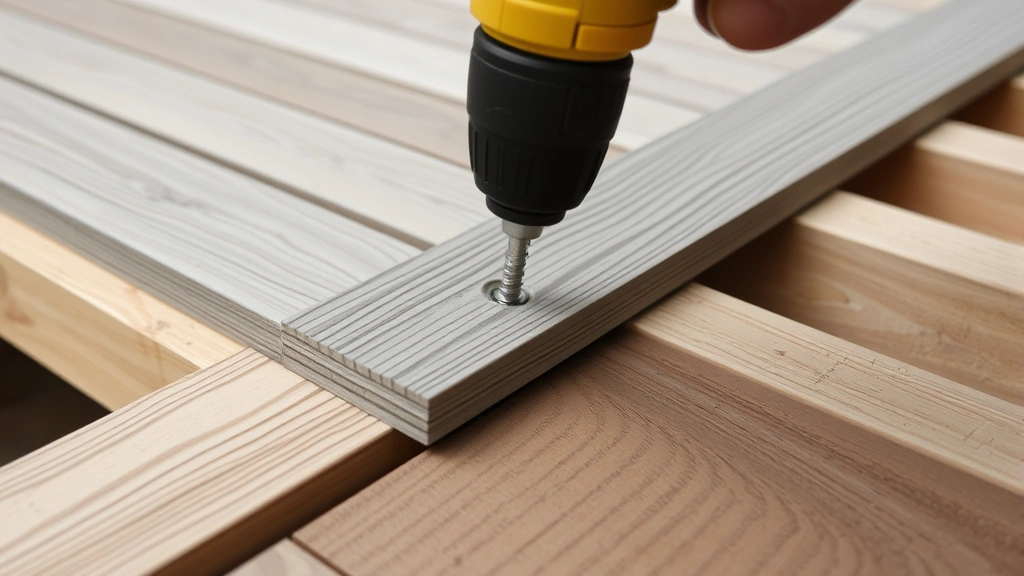 Close-up of composite decking boards being installed with power drill and stainless steel screws, showing proper spacing and fastening technique on completed joists