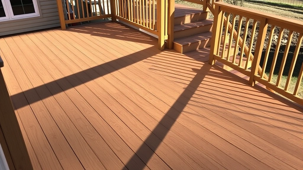 Completed residential deck with stairs and railings, afternoon sunlight casting shadows on finished pressure-treated wood surface, landscaping visible in background