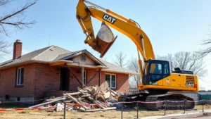 Heavy excavator with clamshell bucket demolishing residential brick home, debris falling, clear daylight, construction site with safety barriers visible