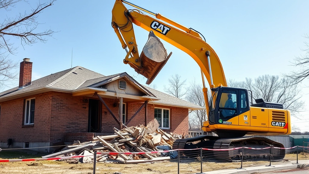 Heavy excavator with clamshell bucket demolishing residential brick home, debris falling, clear daylight, construction site with safety barriers visible