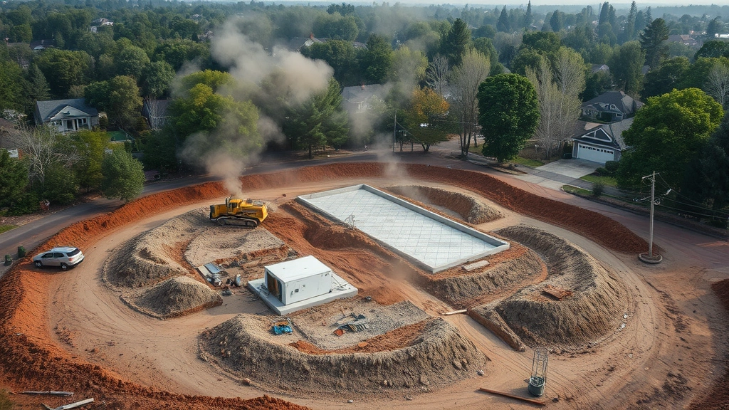 Aerial view of empty lot with foundation concrete pad being excavated by bulldozer, dust clouds, surrounding trees, residential neighborhood background