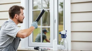 Professional window tinter applying ceramic film to residential double-hung window using squeegee tool, showing proper installation technique with spray bottle and precision tools visible on work surface