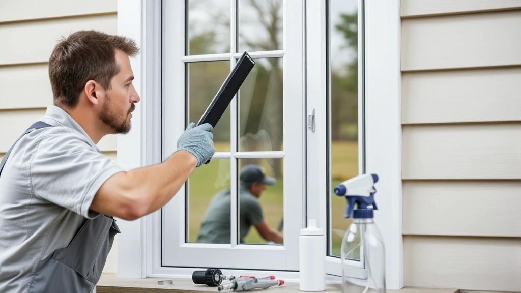 Professional window tinter applying ceramic film to residential double-hung window using squeegee tool, showing proper installation technique with spray bottle and precision tools visible on work surface