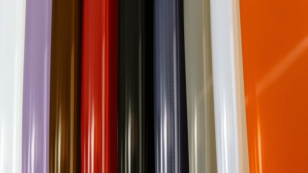 Close-up of different window tint film samples showing color variations from light to dark, arranged to display dyed, metalized, hybrid, and ceramic film options with clear labeling visible