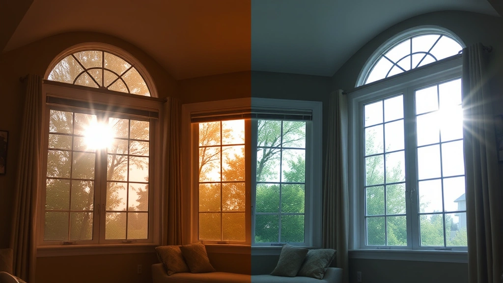 Interior view of home showing dramatic difference between tinted and untinted windows, demonstrating glare reduction and privacy benefits with sunlight streaming through glass panes