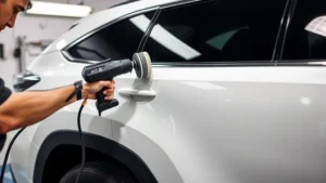 Professional vinyl wrap installer applying cast vinyl film to white Toyota Highlander SUV using heat gun and squeegee, showing precise technique on curved body panel