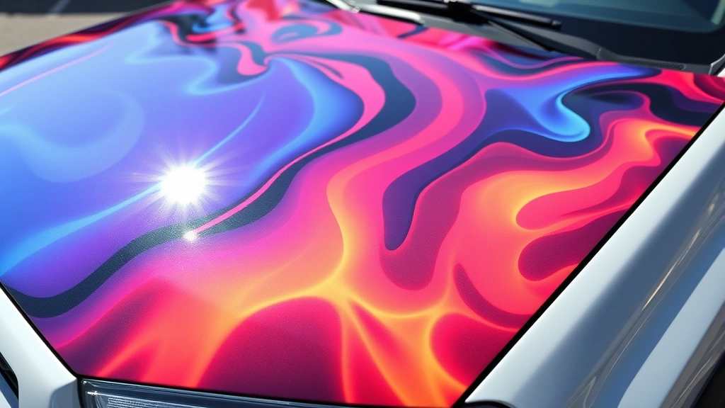 Close-up of vibrant multi-color custom vinyl wrap design on Highlander hood, displaying photorealistic graphics with glossy finish in natural sunlight