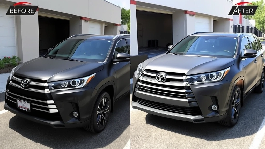 Before and after comparison showing matte black wrapped Toyota Highlander parked next to unwrapped vehicle, demonstrating full coverage transformation of SUV